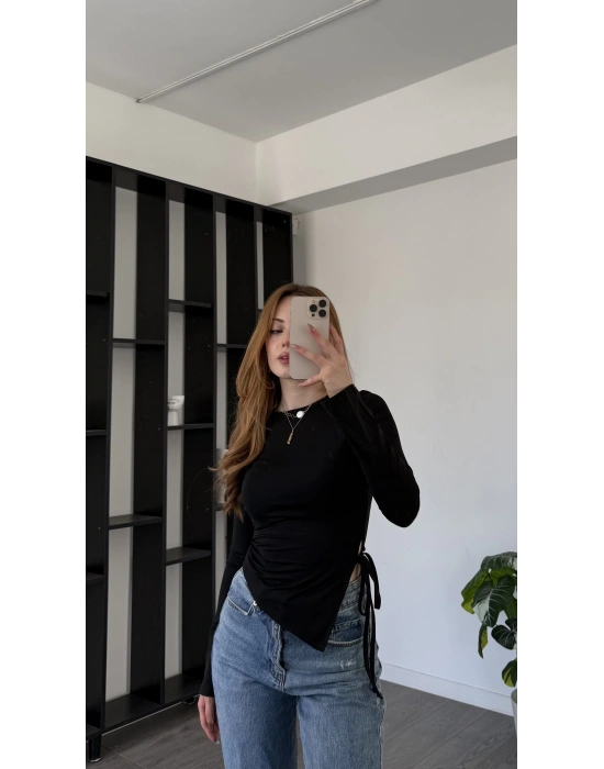 Siyah Arlin Bağcık Yanlı Bluz
