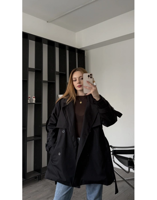 Siyah Aurora Kuşaklı Trençkot