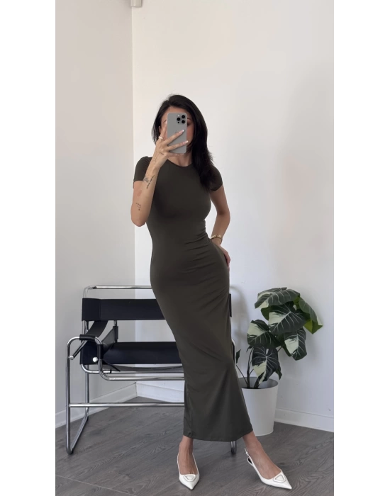 Haki Jane Kısa Kollu Basic Uzun Elbise