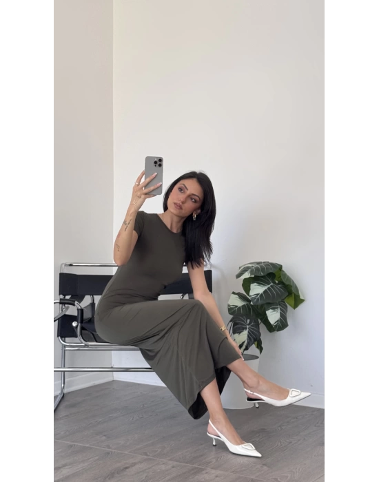 Haki Jane Kısa Kollu Basic Uzun Elbise