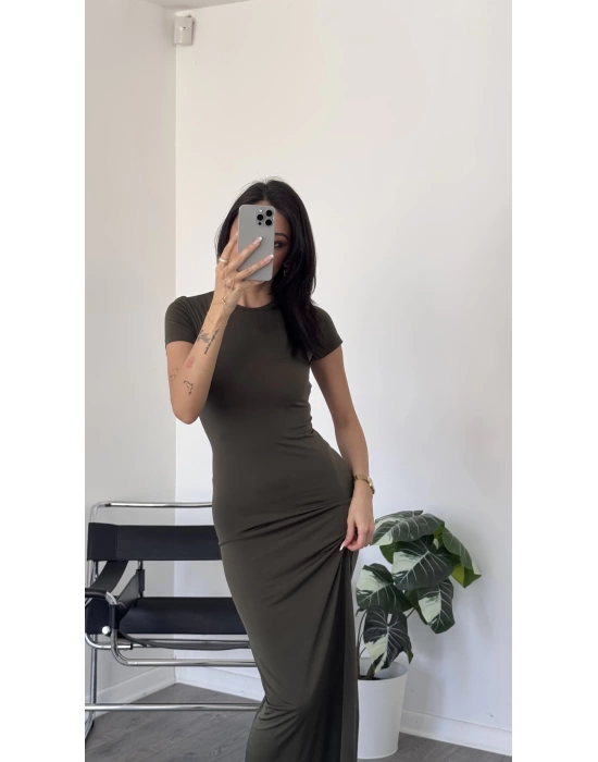 Haki Jane Kısa Kollu Basic Uzun Elbise