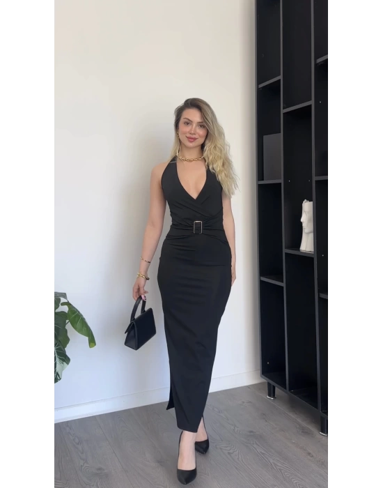 Siyah Bel Detaylı V Yaka Elbise