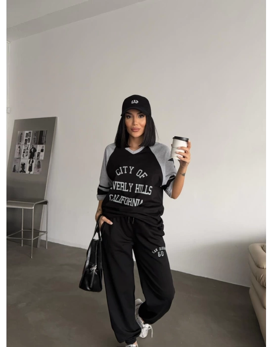 Siyah Beverly Hills Kısa Oversize Tshirt & Eşofman Takımı