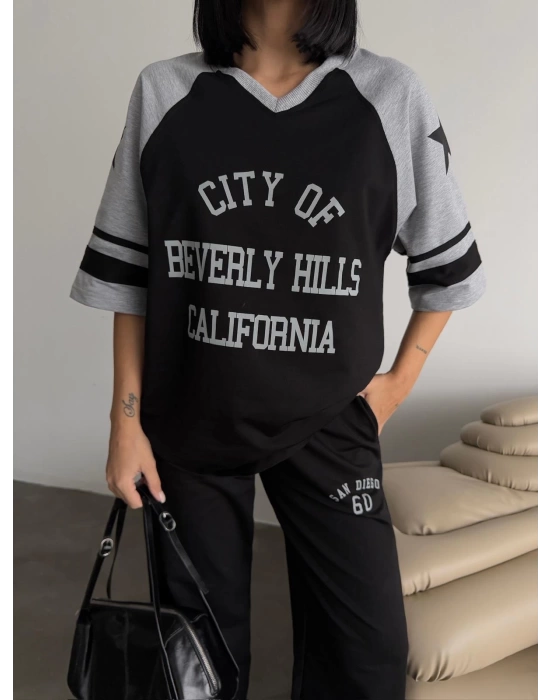 Siyah Beverly Hills Kısa Oversize Tshirt & Eşofman Takımı