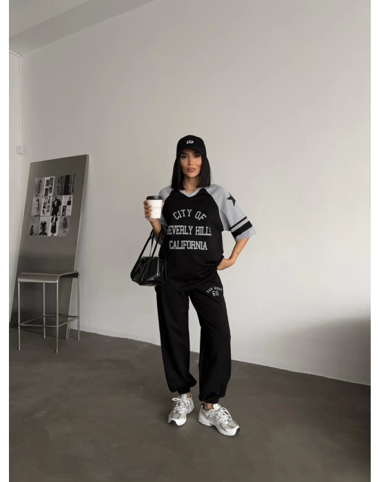 Siyah Beverly Hills Kısa Oversize Tshirt & Eşofman Takımı