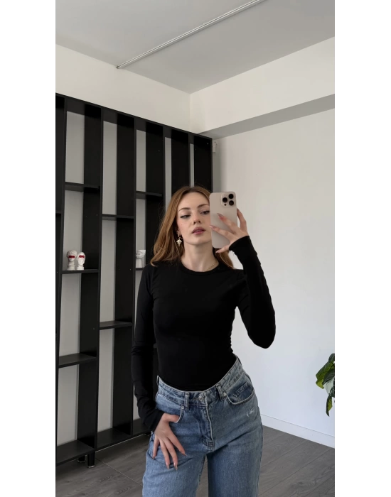 Siyah Morena Bisiklet Yaka Basic Bluz