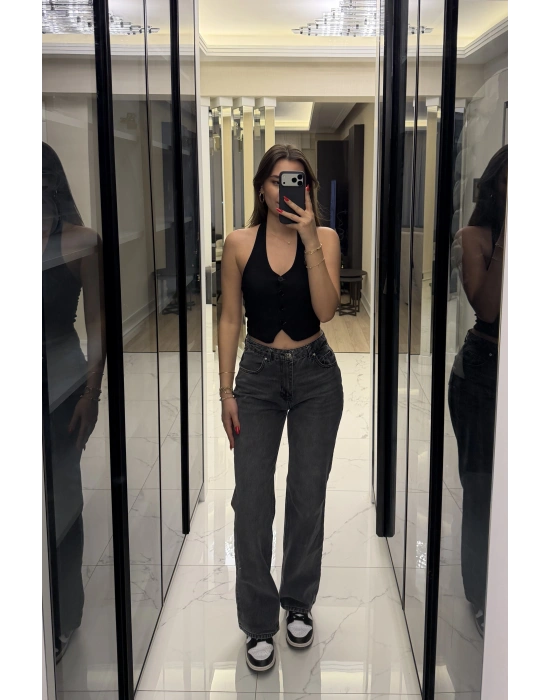 Siyah Boyundan Geçmeli Fitilli Yelek