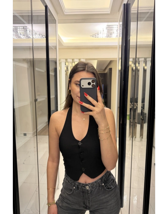 Siyah Boyundan Geçmeli Fitilli Yelek