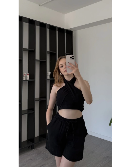 Siyah Carrie Çapraz Bağlamalı Şortlu Takım
