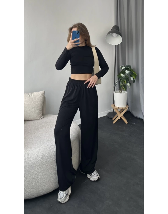 Siyah Crop Bluz - Pantolon 2’li Basic Takım