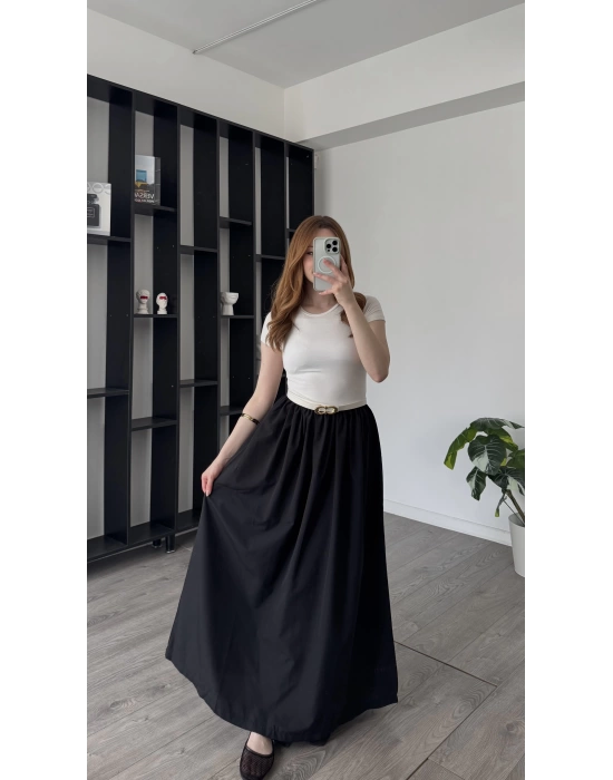 Siyah Dora Kemerli Poplin Elbise