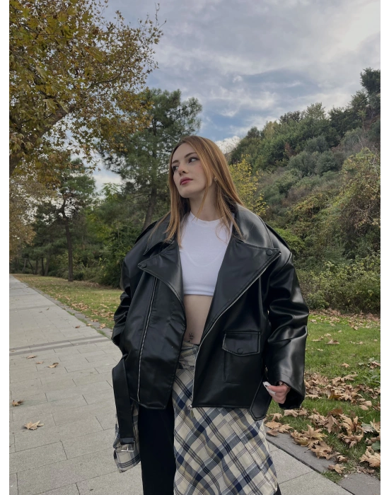 Siyah Elia Premium Biker Deri Ceket