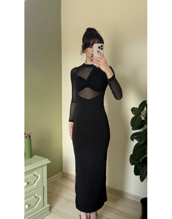 Siyah Elio Tül Detaylı Elbise