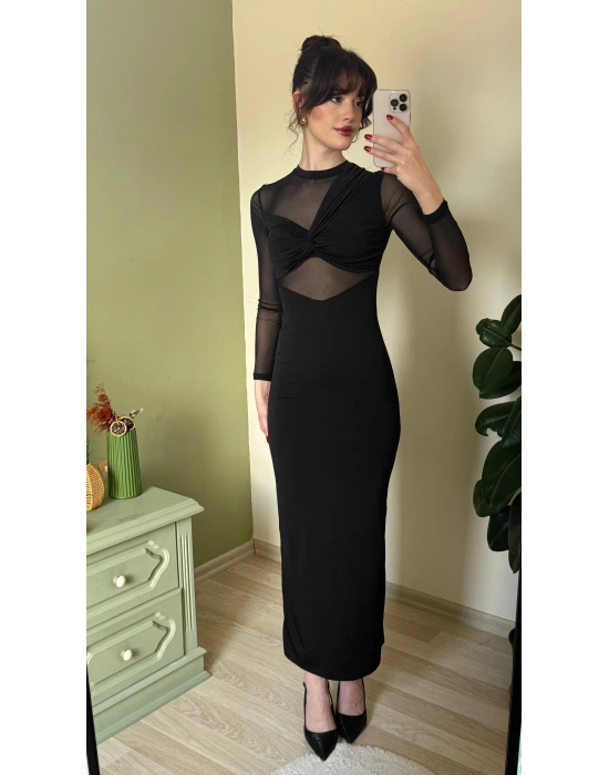 Siyah Elio Tül Detaylı Elbise