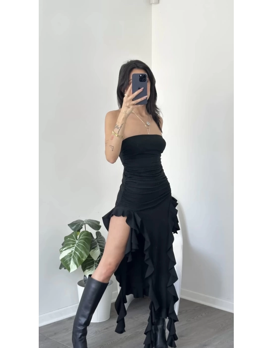 Siyah Elora Fırfırlı Straplez Elbise