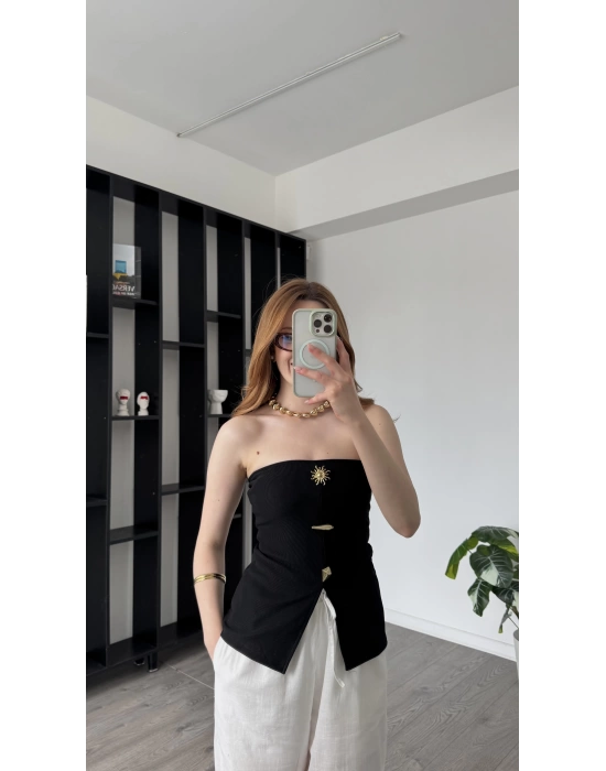 Siyah Elsa Broşlu Straplez Bluz