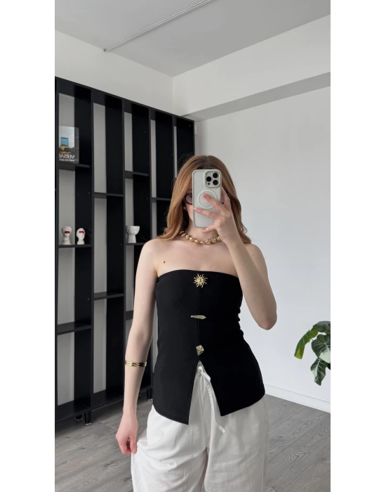 Siyah Elsa Broşlu Straplez Bluz