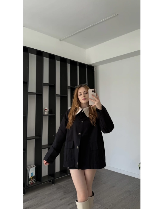 Siyah Emilia Yaka Detaylı Gabardin Ceket