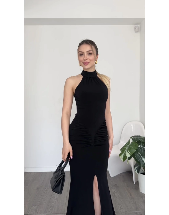 Siyah Emma Drapeli Halter Yaka Elbise