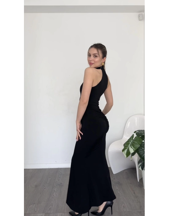 Siyah Emma Drapeli Halter Yaka Elbise