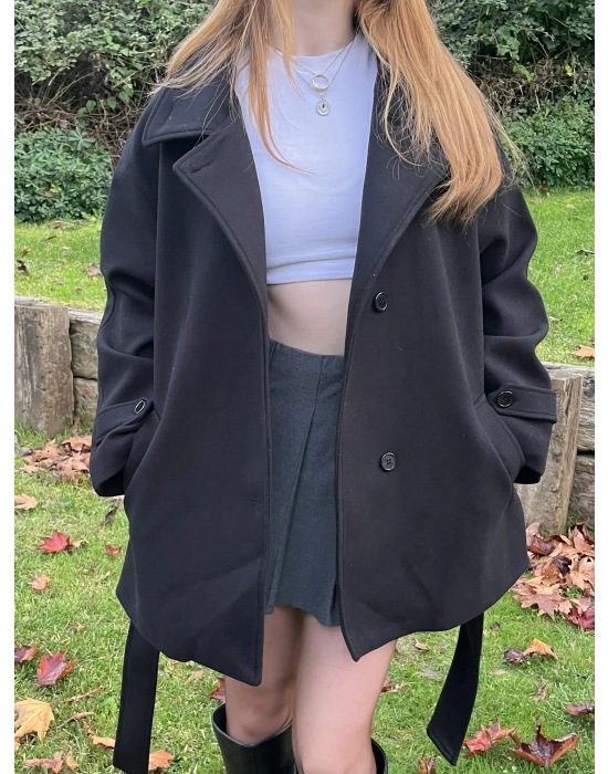 Siyah Emma Kuşaklı Kaşe Kaban