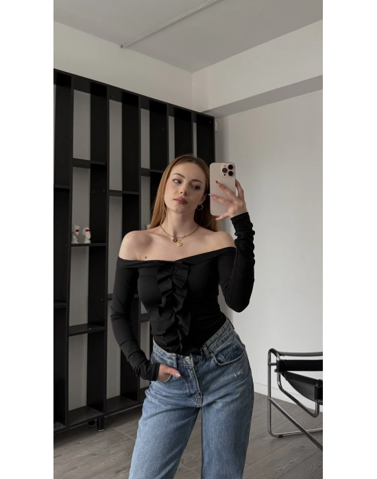 Siyah Fancy Madonna Fırfırlı Bluz