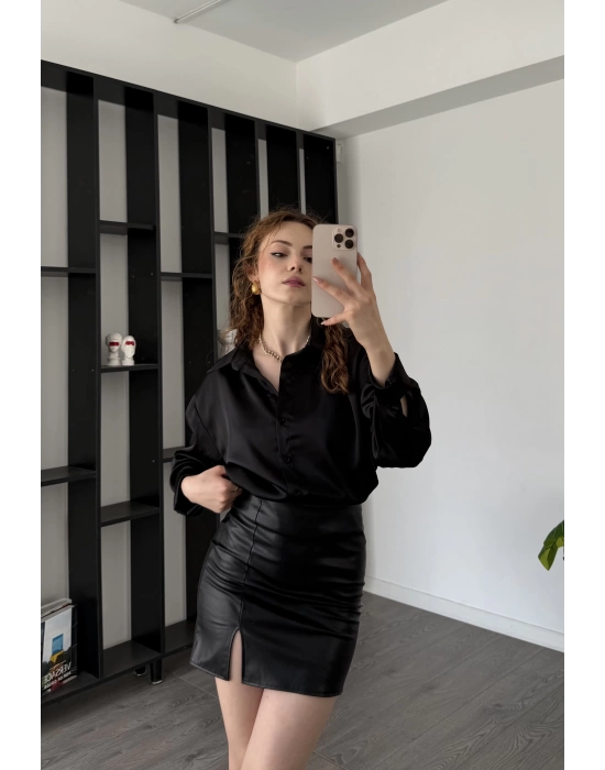 Siyah Fiora Oversize Saten Gömlek