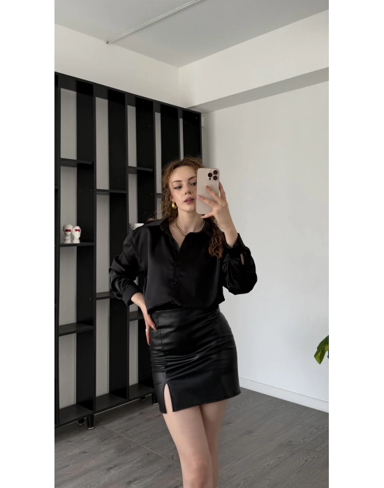 Siyah Fiora Oversize Saten Gömlek