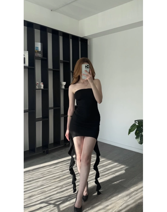 Siyah Flora Çift Püsküllü Mini Elbise