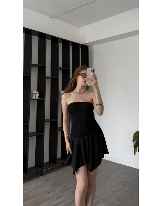 Siyah Freya Straplez Asimetrik Elbise