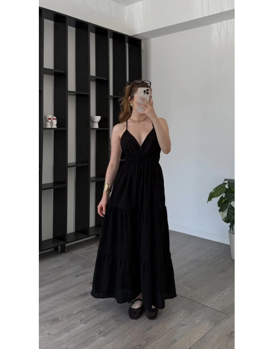 Siyah Greta Çapraz Sırt Askılı Elbise