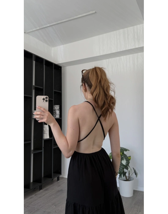 Siyah Greta Çapraz Sırt Askılı Elbise