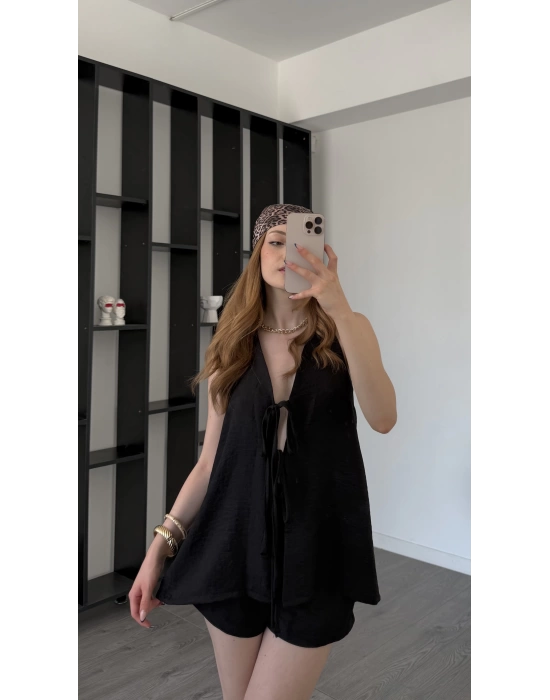 Siyah Hailey Bağcıklı Şortlu Takım