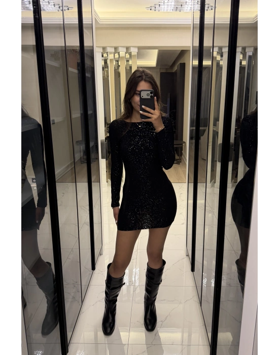 Siyah Işıltılı Sırt Dekolteli Mini Elbise