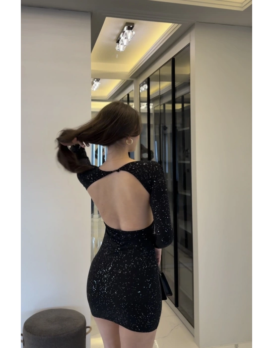 Siyah Işıltılı Sırt Dekolteli Mini Elbise