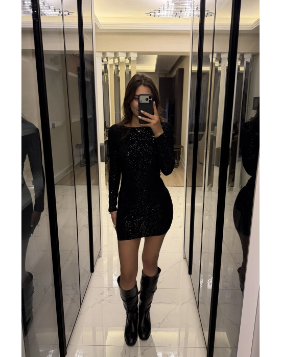 Siyah Işıltılı Sırt Dekolteli Mini Elbise