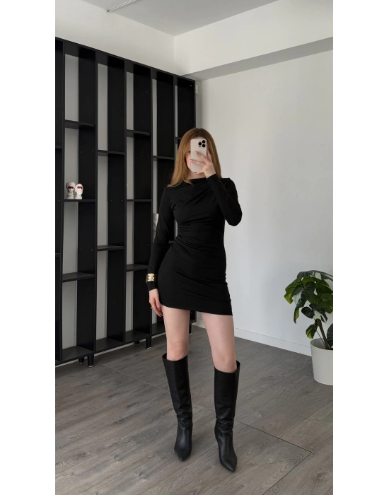 Siyah Ivy Drape Yakalı Elbise