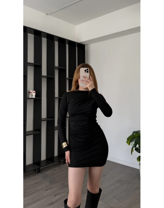 Siyah Ivy Drape Yakalı Elbise