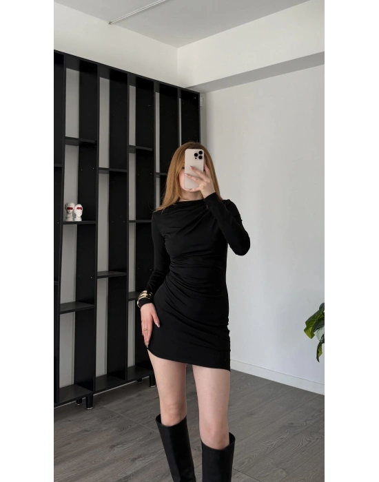 Siyah Ivy Drape Yakalı Elbise