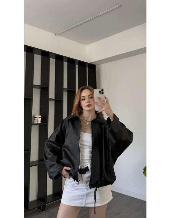 Siyah Jenna Kemerli Bomber Deri Ceket