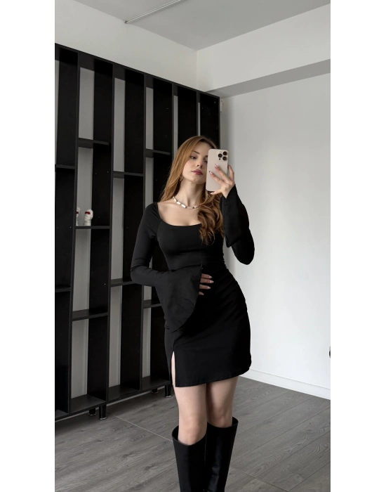 Siyah Juliet Volan Kollu Bağcık Sırtlı Elbise