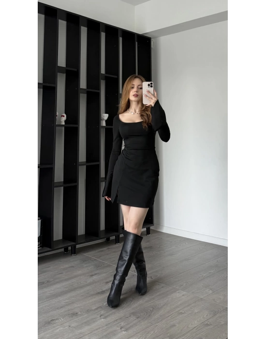 Siyah Juliet Volan Kollu Bağcık Sırtlı Elbise