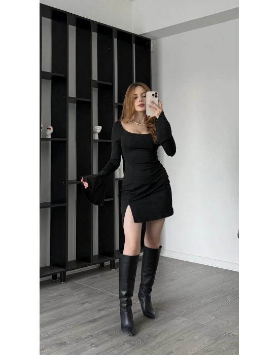 Siyah Juliet Volan Kollu Bağcık Sırtlı Elbise