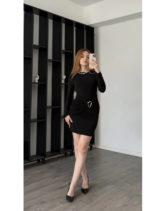 Siyah Kalia Broş Bel Detaylı Elbise