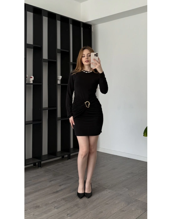 Siyah Kalia Broş Bel Detaylı Elbise
