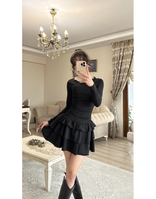 Siyah Kat Kat Volanlı Mini Elbise