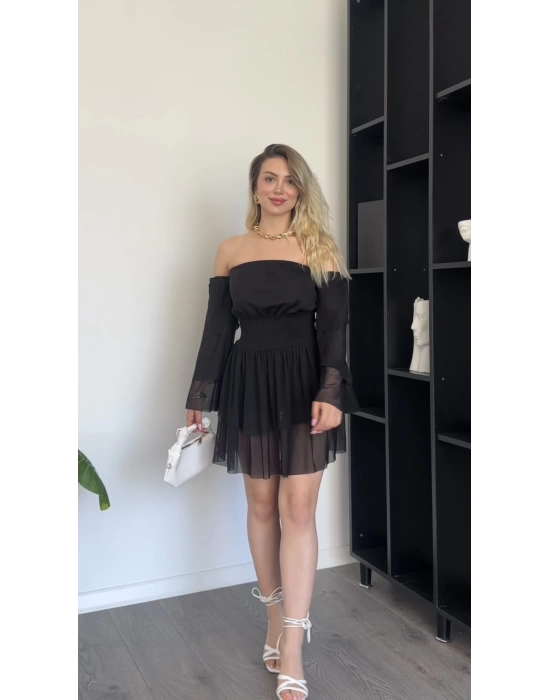 Siyah Katlı Madonna Tül Elbise