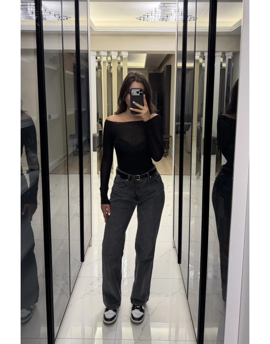 Siyah Kayık Yaka Kaşmir Bluz