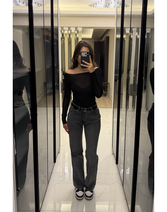 Siyah Kayık Yaka Kaşmir Bluz