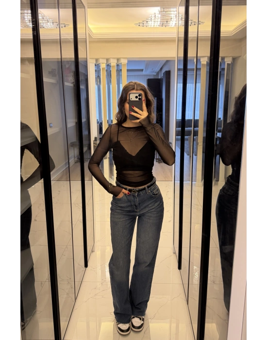 Siyah Jenna Transparan Tül Bluz